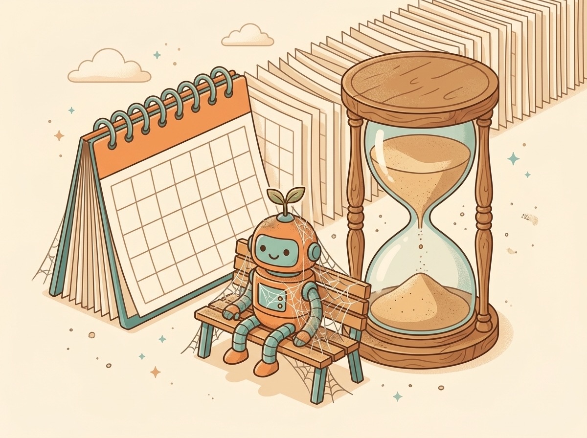 A cheerful robot sitting on a park bench covered in cobwebs beside a giant hourglass, waiting an absurdly long time