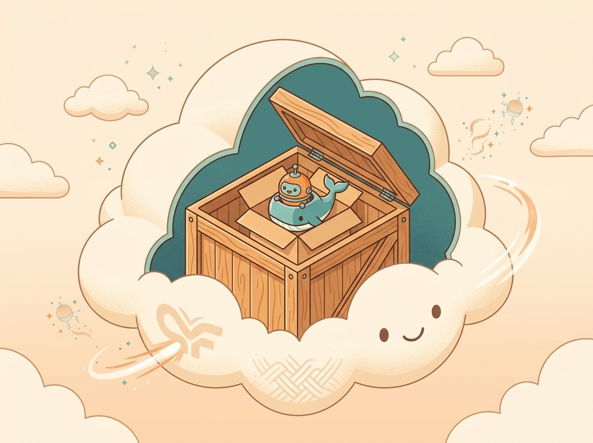 Russian nesting dolls made of clouds and shipping containers, illustrating Docker-in-Docker-in-Cloudflare