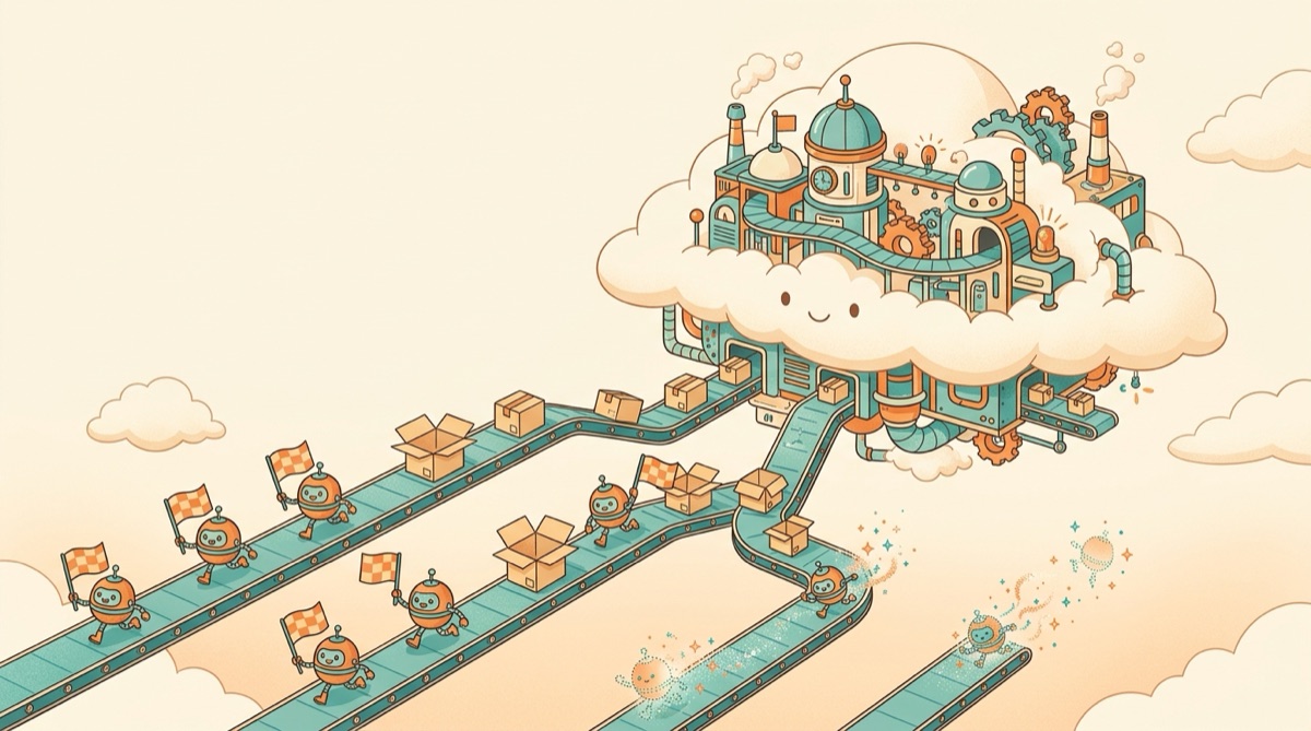 A whimsical cloud-shaped factory dropping shipping containers onto conveyor belts, each releasing a tiny robot runner carrying a checkered flag