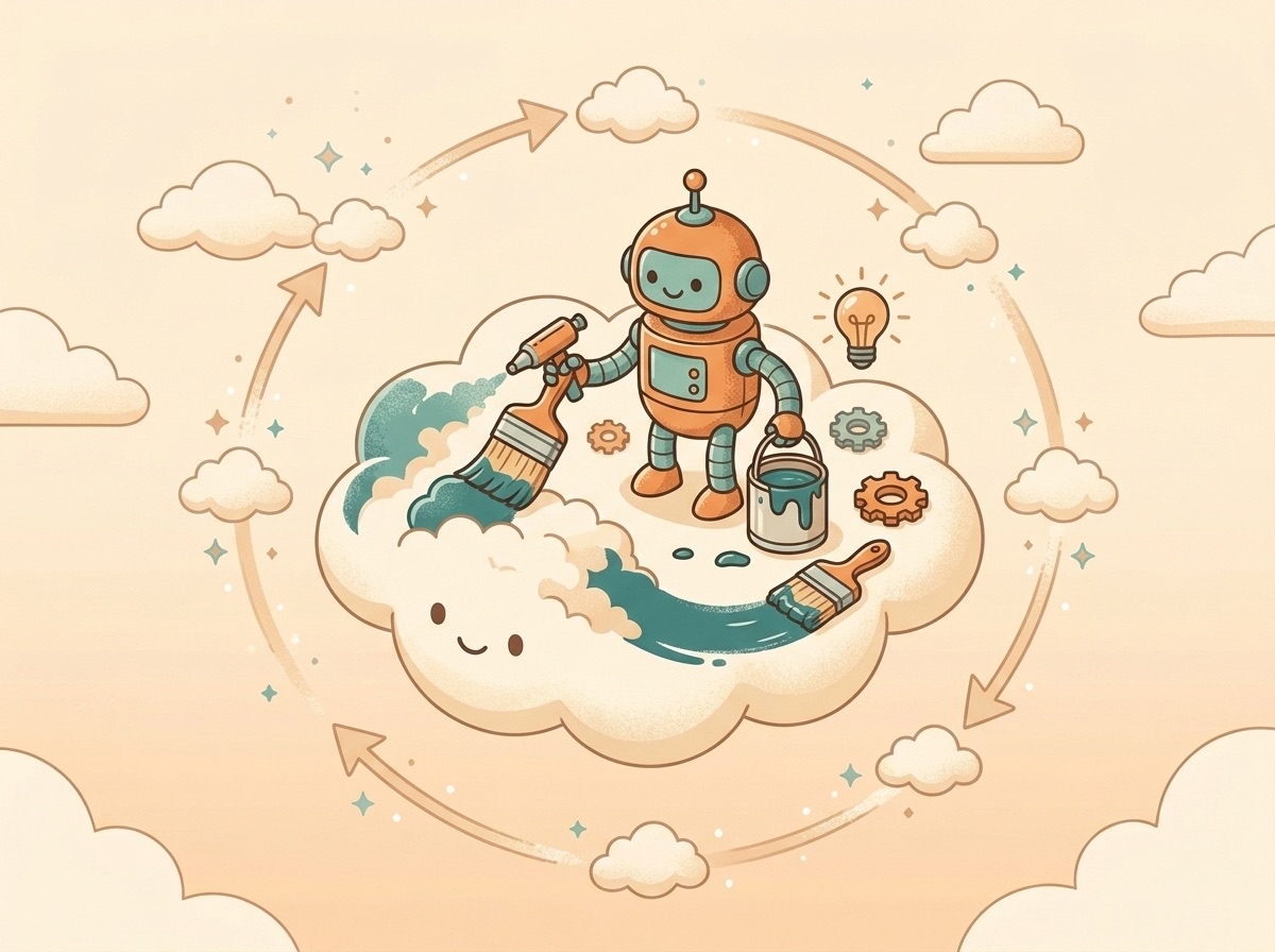 A robot standing on a cloud platform while painting and building that very same platform beneath its own feet